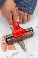 Woman pressing roller over spray painted leaf to make pattern on paper.