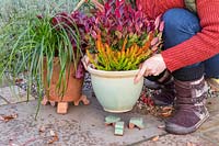 Woman setting ceramic plant pot on matching pot feet.