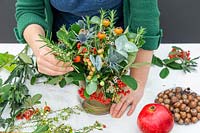 Woman instering Rosemary sprig into mixed festive floral arrangement, with Eucalyptus, Cotoneaster, Hypericum, Erngium, Rose hips and Chamelaucium.