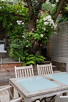 Secluded garden in two levels, dining furniture and trellis fencing
