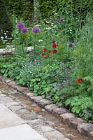 Stone-edged Water rill with Papaver and Allium, Brewin Dolphin Garden, RHS Chelsea Flower Show, 2012