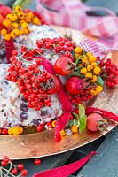 Bundt cake bird feeder, decorated with rose hips and Cotoneaster berries.