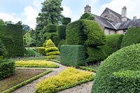 Box edged borders and unusual topiary shapes, Levens Hall and Garden, Cumbria, UK