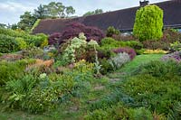 Dramatic borders in front of house including mixed heathers, ferns, acer, and conifers. Champs Hill, Sussex, UK. 