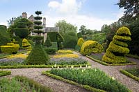 summer planted boxed edged borders and unusual topiary shapes at Levens Hall and Garden, Cumbria, UK