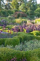 Contemporary parterre planted with snapdragons, Ageratum 'High Tide', Nicotiana sanderae 'Cuba Deep Lime', and purple kale 
Garden: Broughton Grange, Oxfordshire 
Head gardener: Andrew Woodall