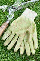 A pair of old worn gardening gloves and hedge trimmers on a lawn. 
