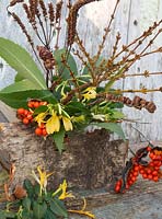 Floral arrangement with flowers from the garden including Iris foetidissima and Lonicera