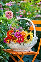 Basket of summer flowers on chair.