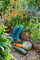 Harvested vegetables and wellington boots by raised vegetable bed.