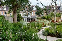 Contemporary patio area in London garden. Planting includes: Betula JackmaniiArtemisia absinthium Lambrook mist.Helenium Moerheim BeautyPenstemon Hidcote pink