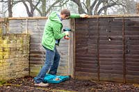 Man repairing a wooden fence panels using a drill.