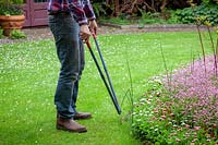 Trimming the edge of a lawn with long handled shears
