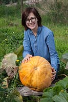 Girl with large harvested pumpkin at allotment. 