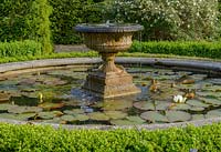 Lily pond with stone urn fountain and Nymphaea 'Marliacea Albida' - Waterlily 