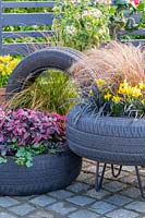 Tyre container planted with Ophiopogon, Narcissus 'Tete a tete' and Carex testacea, tyre with Chionanthus and Hedera - Ivy to the left