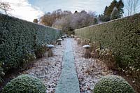 Buxus - Box- spheres and lines of stone mushroom ornaments between Taxus - Yew hedges.