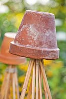 Upturned terracotta pot on top of wigwam of bammboo cane supports