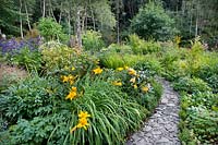 Slate covered path leading between herbaceous borders including Hemerocallis - Daylily, Aconitum, Paeonia - Peonies and Geraniums. 