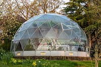 Geodesic greenhouse in garden. 
