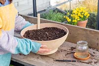 Woman lifting the newly planted pot from workbench
