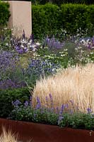 Contemporary purple planting contrasting with grasses. 'A Home From Home' Garden - RHS Tatton park Flower Show, 2016. 
