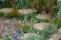 Stepping stones surrounded by mixed perennial planting. 'High Tide 2030 Garden 2030' - RHS Tatton Park Flower Show, 2016.