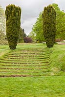 Grassed steps lead up between two columns of Taxus baccata fastigata - Irish Yew. Miserden garden, near Stroud, Gloucestershire, UK.

