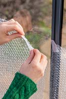 Woman using clear adhesive tape to fix bubble wrap to inside of greenhouse to provide insulation against the cold winter weather. 