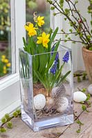 Finished arrangement with Narcissus 'Tete a Tete', Muscari, feathers and eggs. 