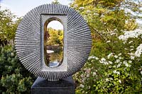 View through textured sculpture in the 'At One With ... A Meditation Garden', designed by Peter Dowle, RHS Malvern Spring Festival, 2017.