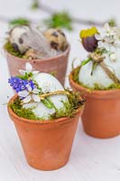 Eggs in terracotta pots decorated with flowers and feathers