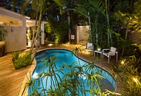 Garden at night with lights, features swimming pool, wooden decking, 
tropical planting of palms, bromeliads and Papyrus plants