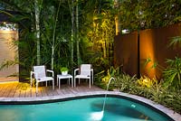 Tropical urban garden with privacy and lighting so can be used for swimming in pool or relaxing in seating on deck