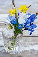 Posy of Iris reticulata, Helleborus, Cocus, Salix - pussy willow and Narcissus 'Tete a Tete' displayed in glass jam jar.
