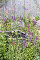 Steel water feature surrounded by Verbena bonariensis, 
Agastache 'Blackadder' and Veronicastrum virginicum 'Fascination' in 
'Southend Young Offenders: A Place to Think' garden

