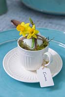 Cup and saucer with decorated egg and name tag