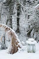 A snow-covered lantern and a Miscanthus in the middle of the snow.