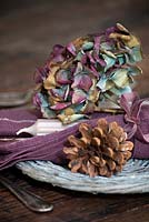 Dried Hydrangea place setting with cone 