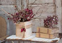 Dried red Hydrangea flowerheads and twigs with vintage books
