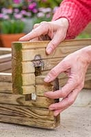 Woman assembling corners of raised planter, fitting together the pieces of each half lap joint