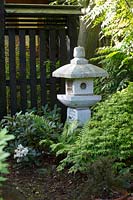 Stone lantern in Japanese-themed garden. 