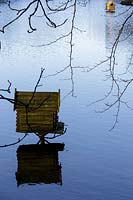 Duck house in lake at Kilver Court, Somerset, Designed by Roger Saul of Mulberry. 