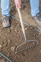 Man using rake to loosen and gather up the soil. 
