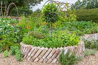 Circular raised brick bed with mixed herbs in vegetable garden