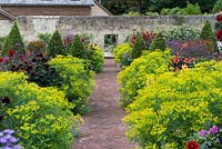 A brick pathway is edged with clumps of Euphorbia ceratocarpa, interspersed with dahlias, asters and clipped bay trees.