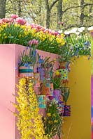 Colourful painted cans displayed on walls, filled with flowering Tulips, Muscari, Narcissus, and Fritillaria.