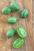 Harvested and cut Cucamelons. 