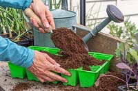 Woman filling seedtray with compost using a scoop. 