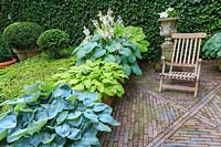 Border of Hosta, begonias and clipped Yew and Box in garden designed for a tranquil atmosphere.
